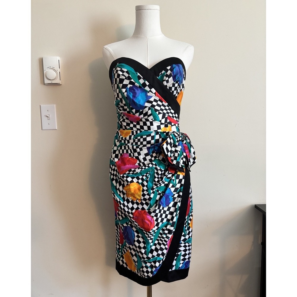 Vintage 80s AJ Bari 80s Cocktail Party Dress Size 8 Checker Floral Sleeveless